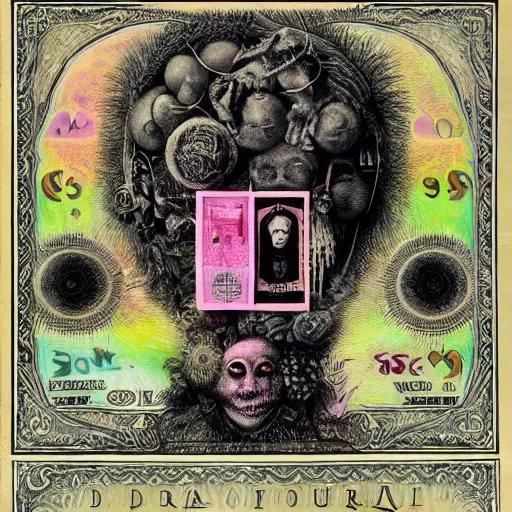 Image similar to post - punk new age album cover, asymmetrical design, dollar bank notes, capitalism, magic, apocalypse, psychedelic, black white pink, highly detailed, magic, giger h. r., giuseppe arcimboldo