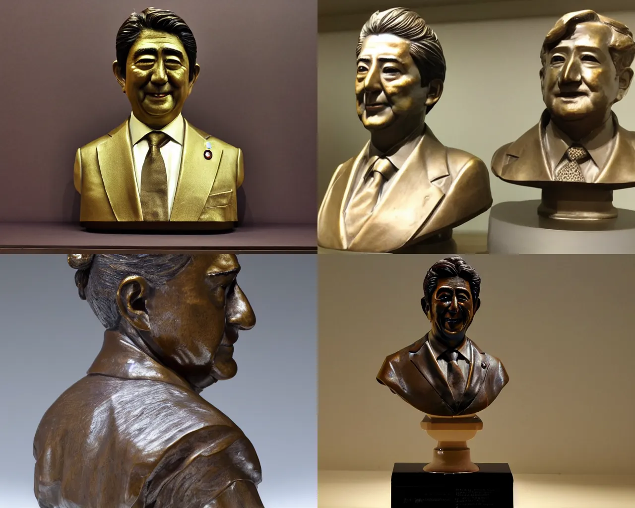 Prompt: A luminous bronze bust of Shinzo Abe