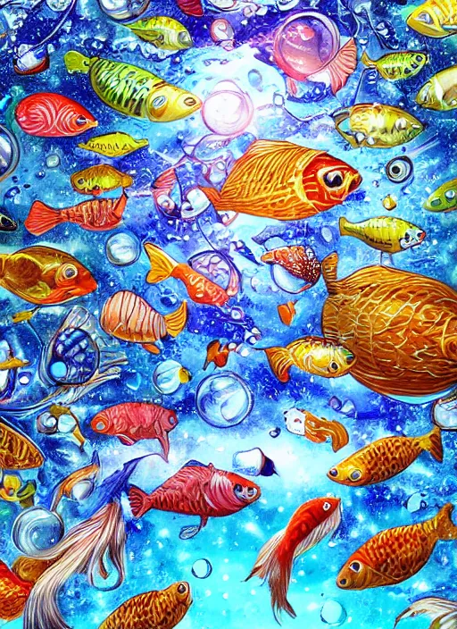 Image similar to the universe in a bottle of water filled with fishes, trending on art station, very detailed, detailed background