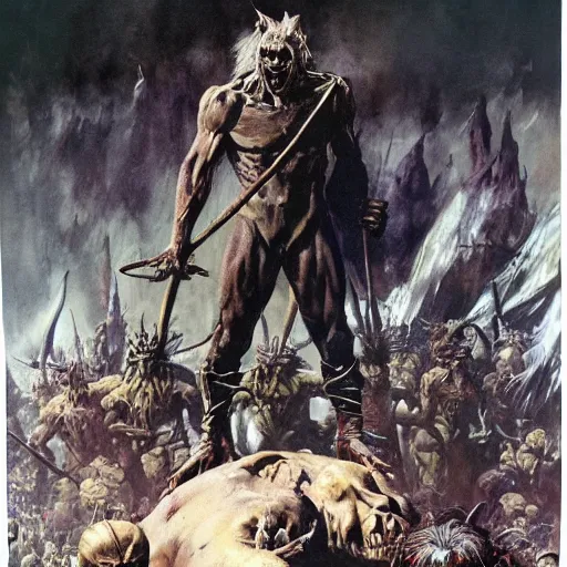 Prompt: A goblin king stands on the corpses of his enemies, painting by Frank Frazetta, detailed, 4k