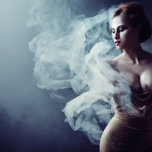 Image similar to a Photorealistic dramatic hyperrealistic render of a glamorous beautiful Female smoke dancer, Flowing cloth and smoke,Beautiful dynamic dramatic dark moody lighting,volumetric,shadows,cinematic atmosphere,Octane render,8K