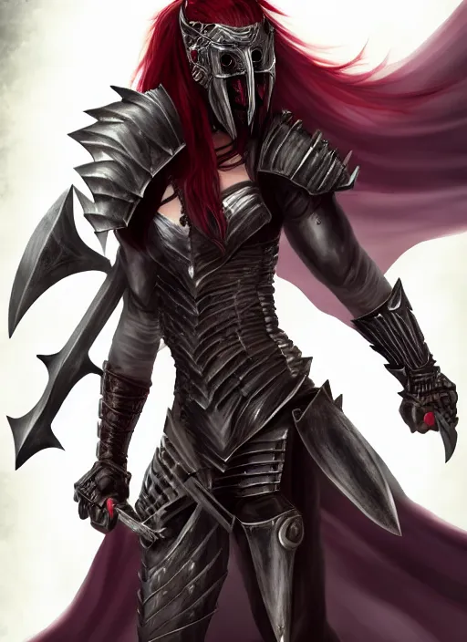 Image similar to female vampire warrior, full body portrait, realistic, sharp teeth, grinning, muscular, flying, barefoot, exposed feet, black full plate armor, historical armor, covered chest, metal mask, huge two - handed sword, claymore, ghostblade, wlop, asian fantasy.
