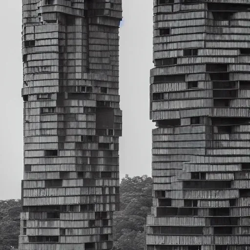 Image similar to a sci - fi brutalist monumental tower, with many towers sprouting from the base tower creating a complex and unique geometric building, photography