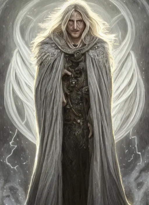 Image similar to Portrait of Sean Penn, white glowing eyes, silver shaggy hair, cloak, ethereal wings, male, fantasy, extremely detailed, digital painting, artstation, concept art, smooth, sharp focus, illustration, stunning lighting, art by artgerm and alphonse mucha and simon stalenhag, realistic character concept, high fantasy, light atmosphere, golden ratio, cinematic lighting, hyperdetailed, high resolution, insanely detailed and intricate, Marc Simonetti, Greg Rutkowski, 8k