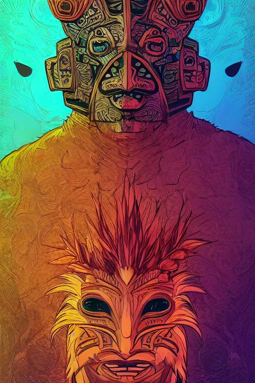 Image similar to totem animal tribal chaman vodoo mask feather gemstone plant video game illustration vivid color borderlands and by feng zhu and laurie greasley, victo ngai, andreas rocha, john harris radiating a glowing aura