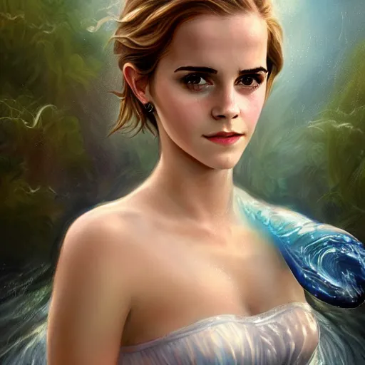 Prompt: a epic mark brooks painting of emma watson as a water fairy holding a raindrop and smiling, 8 k, ultra detailed, lighting, water, big leaves, pond, illustration, trending on art station, digial art by lois van baarle