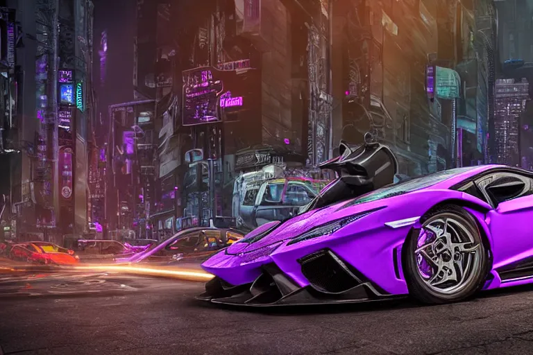 Image similar to hyper detailed purple lamborghini transformer, mecha cyberpunk city street background, 8 k photograph, dramatic lighting,