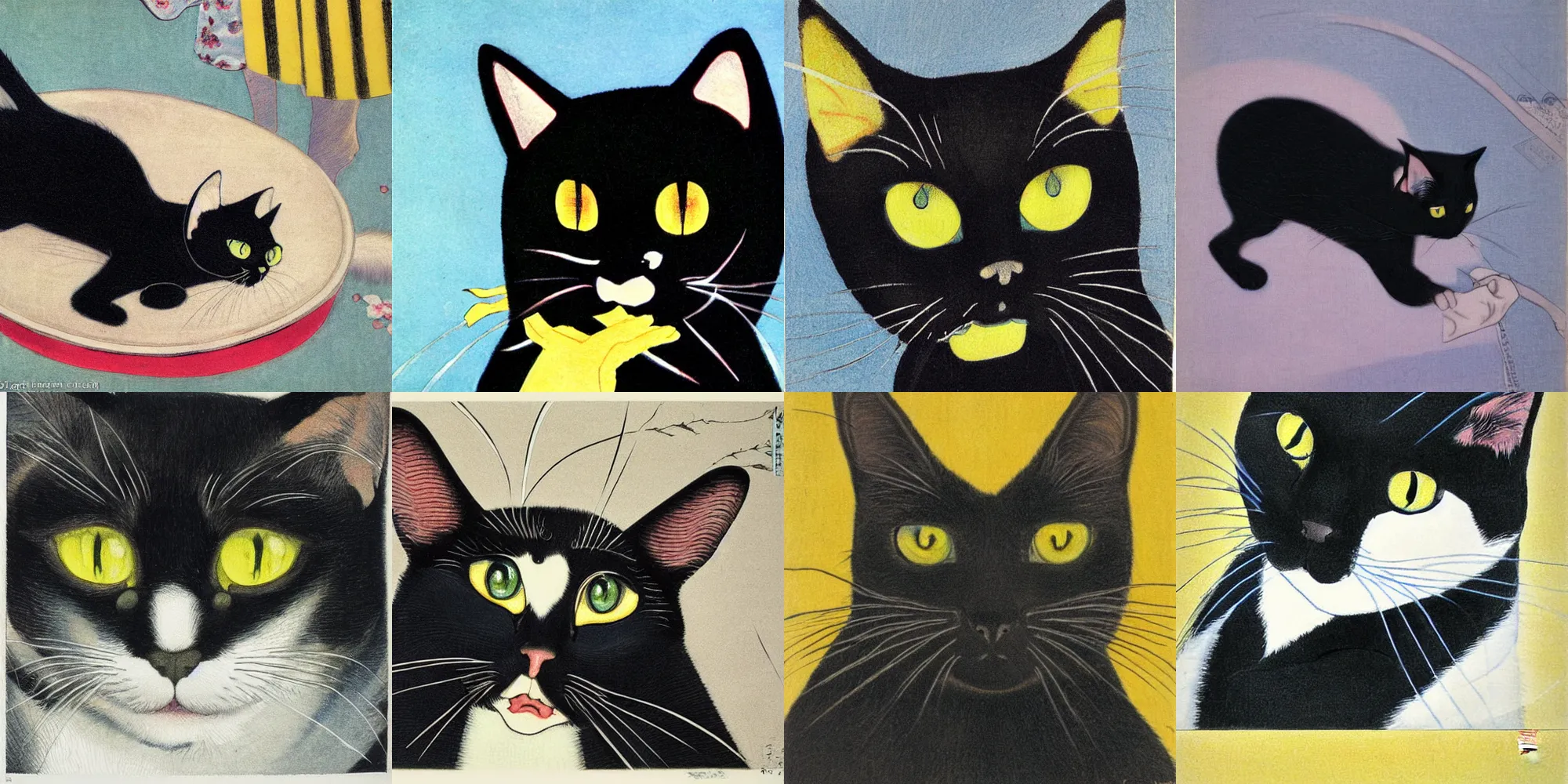 Prompt: a black cat with one yellow eye and one blue eye by tsuguharu foujita, detailed, sharp, high quality, classic art