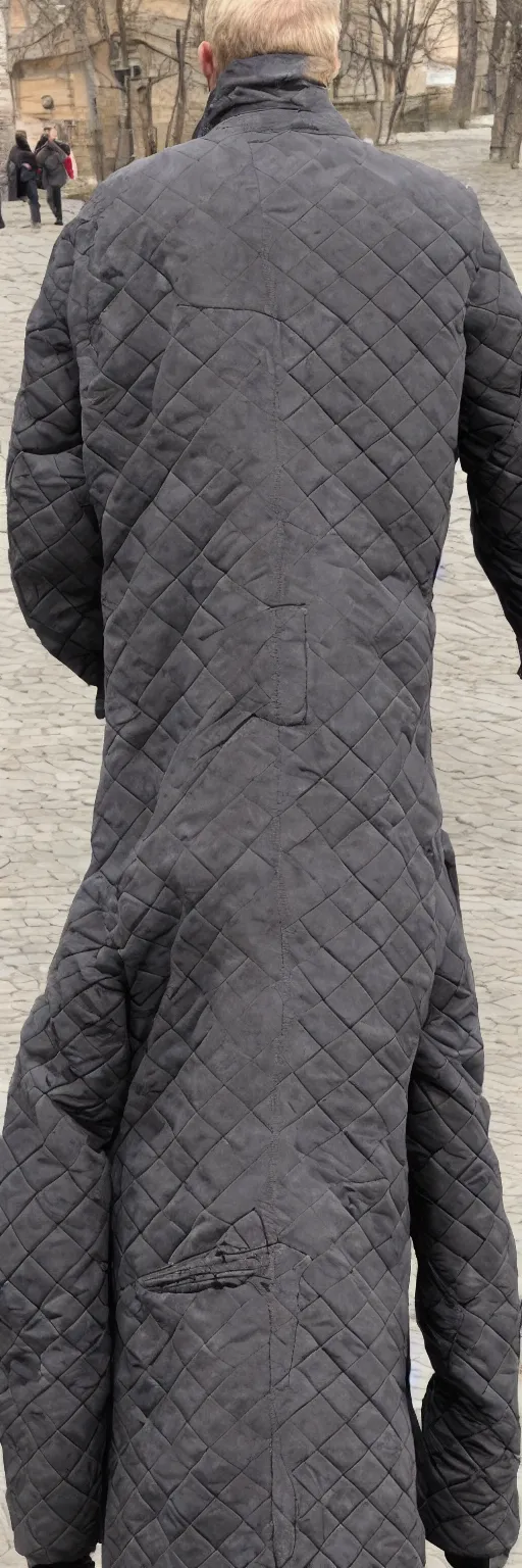 Prompt: a quilted jacket stitched by alexey navalny in the prison