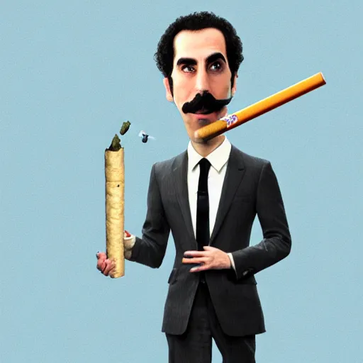 Prompt: Sacha Baron Cohen as borat smoking a giant rolled cannabis cigarette, caricature, smoke, amazing detail, digital art, artstation