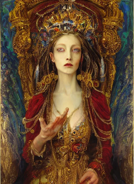 Prompt: oil painting of portait Queen of Ecstasy in a large throne room, Hungarian, by Yoshitaka Amano, by Georgia o Keeffe, by Gustave Moreau