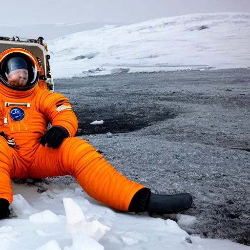 Prompt: astronaut in orange polar exploration suit crouching down in the snow behind a small plant