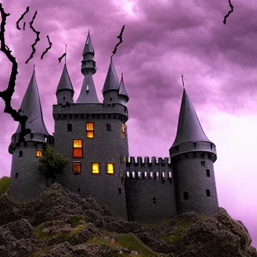 Image similar to dark stormy towering castle with lots of turrets on a cliff, thunder and lightning, atmospheric fantasy