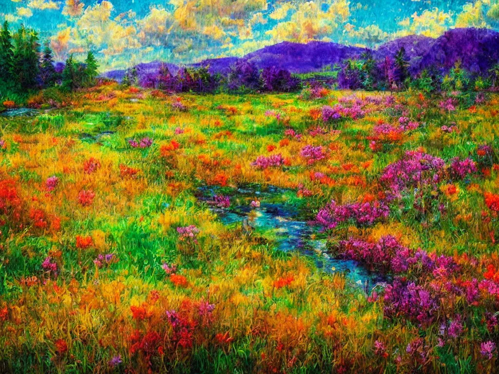 Image similar to an impressionist painting of a gorgeous meadow filled with colorful mushrooms with a stream flowing through it, psychedelic colors, colorful sky in background, high detail, trending on artstation