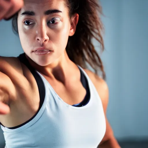 Image similar to an extreme close-up of the face of a young woman exercising, award winning photo, very detailed, 8k cinematic, beautiful lighting effects