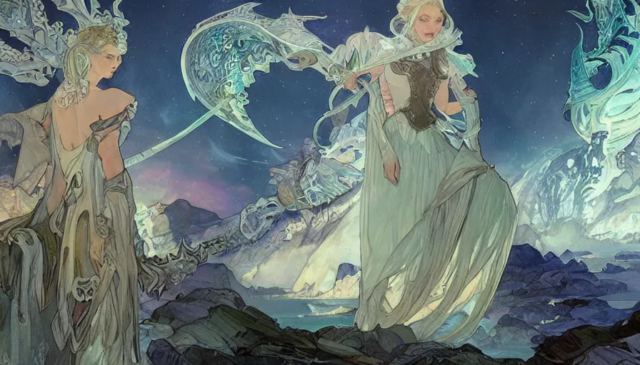 Image similar to epic ice dragon with trendy shapes in a nordic landscape under aurora and stars, set in the words of the Forgotten Realms and Guildwars2, painted by Hans Fredrik Gude, alphonse mucha and Artgerm, concept art 2022, ultra realistic masterpiece