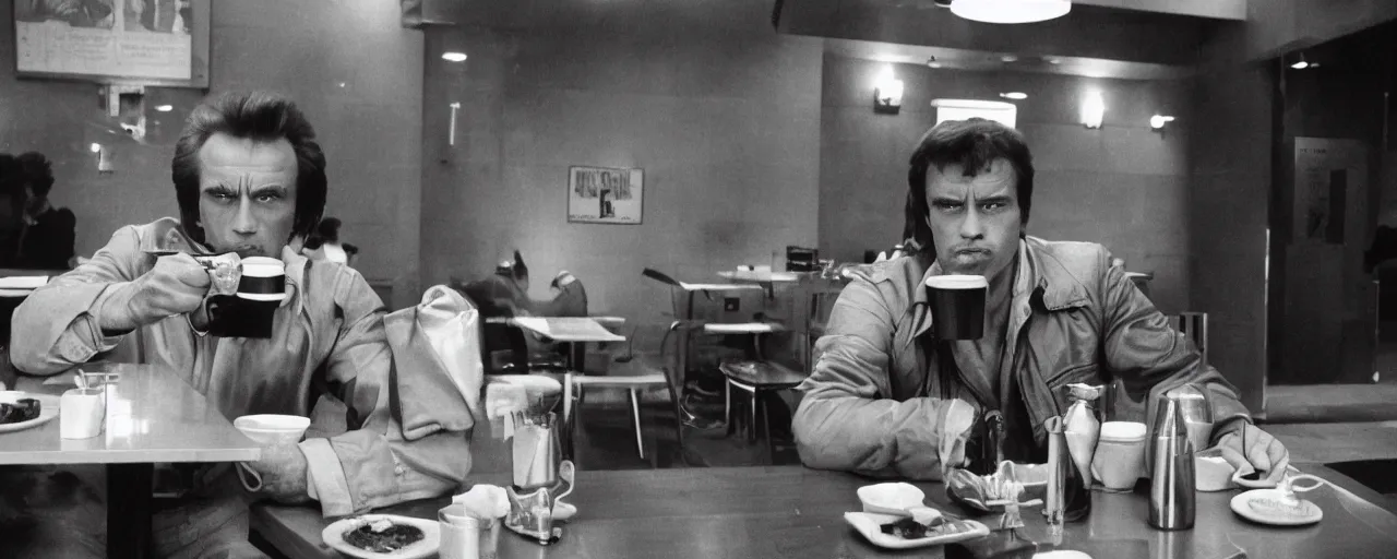 Image similar to the terminator drinking coffee at a restaurant, cinematic composition, anamorphic lens, 1 9 8 0 s, stanley kubrik, kodak film stock