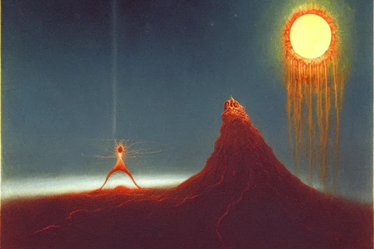 Prompt: levitating sorcerer, opening a shining portal, night sky, horizon of an erupting volcano, by zdzislaw beksinski, highly detailed