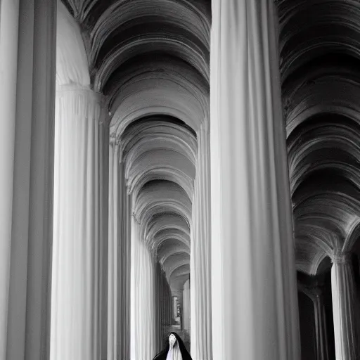 Image similar to nightmare vision, black and white, award winning photo of smiling levitating twin nuns, wearing translucent sheet, Mary in a sanctuary, mirror hallways, eerie, tall columns, frightening —width 1024 —height 1024