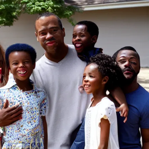 Prompt: sunny day, happy black family, in the style of jordan peele