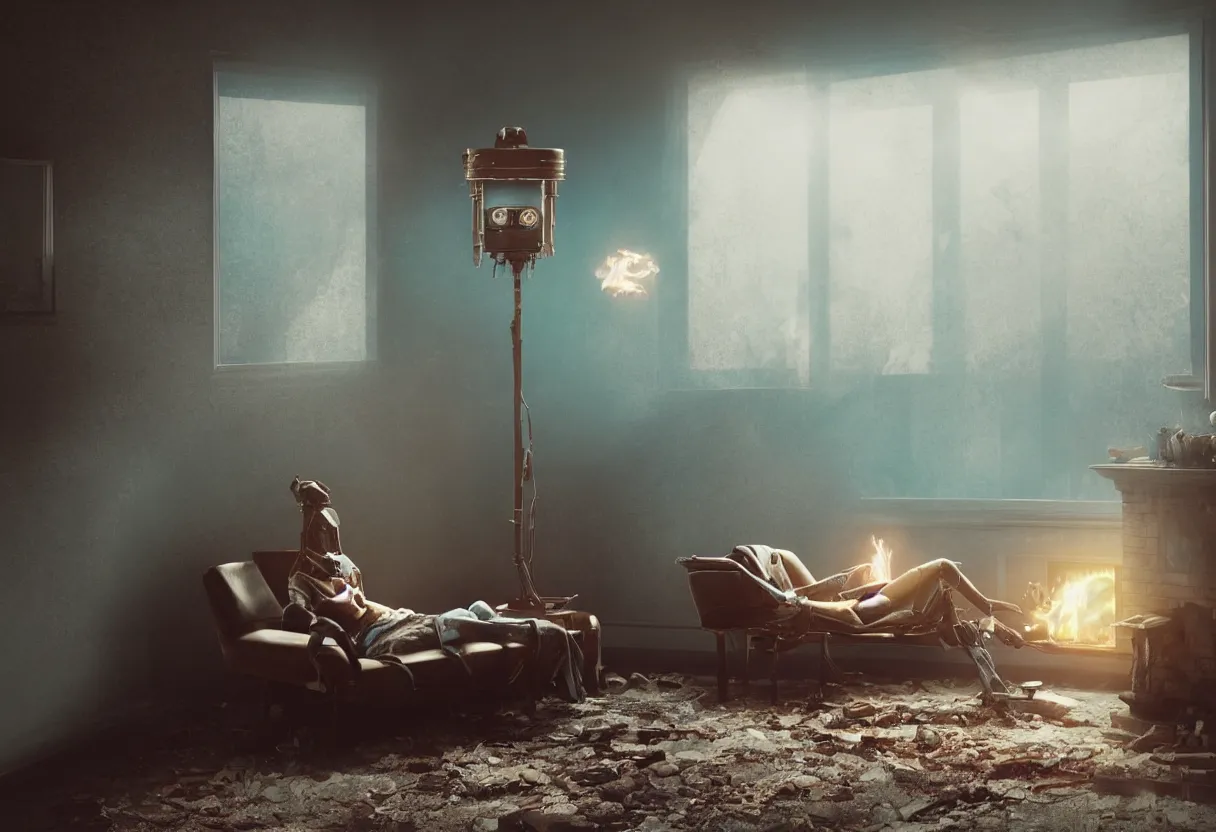 Prompt: intimate photograph of one single lone solitary cerulean and brown decaying futuristic robot lying on a frayed fainting couch in front of a beautiful fireplace with a cozy fire, in a dusty Victorian home, soft morning light seeping in a window, with cinematic lighting and lens flare, tall ceiling, octane render, cgsociety, by Simon Stalenhag and Alfonso Cuaron, highly detailed closeup portrait, award-winning highly detailed 8k anamorphic closeup tight cinematic movie photograph