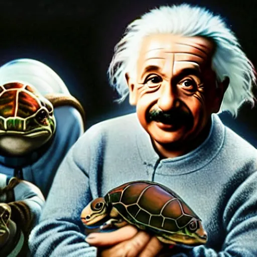 Prompt: still photo of surprised albert einstein in spacesuit, flat earth on three turtles at background, highly detailed, photorealistic shot, bright studio setting, studio lighting, crisp quality and light reflections, unreal engine 5 quality render