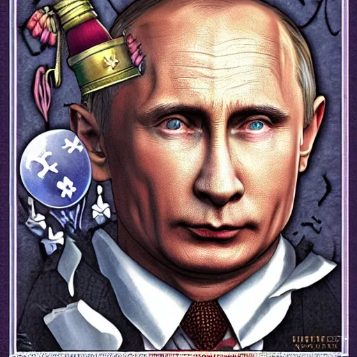 Image similar to vladimir putin is jester in circus, in lunatic asylum, intricate, highly detailed, smooth, artstation, heretic, medieval with hunt