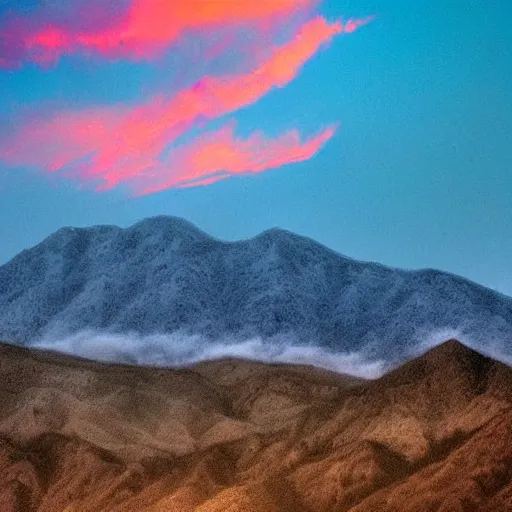 Image similar to blue watercolor mountains with a pink and blue rising sun cloudy sky, soft colors