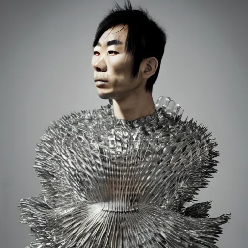 Prompt: a japanese male wearing a iris van herpen crop top, photographed by erwin olaf