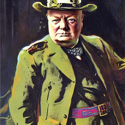 Image similar to winston churchill dressed in cuberpunk military gear. Epic portrait by james gurney and Alfonso mucha.