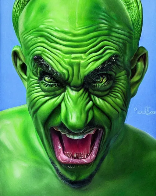 Image similar to green sad devil by peter andrew, hyperrealism