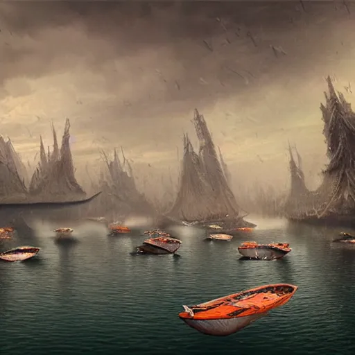 Image similar to a group of boats floating on top of a body of water, a detailed matte painting by yerkaland, cgsociety, metaphysical painting, matte painting, glitch art, dystopian art