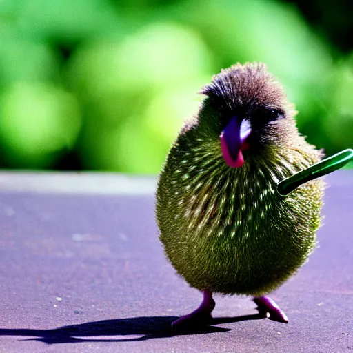 Prompt: a Kiwi bird wearing sunglasses eating a kiwi fruit