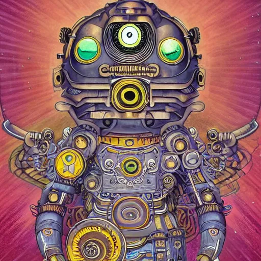 Image similar to blingee gif draincore, Scythian ethereal retrofuturistic mecha hindu god with the all-seeing eye of a beholder, Steampunk 1950s Uzumaki mecha by Klimt Murakami, Dan Mumford and Peter Mohrbacher, glitter pixie tamagotchi 2000s axoltl kitty dragon pixelart