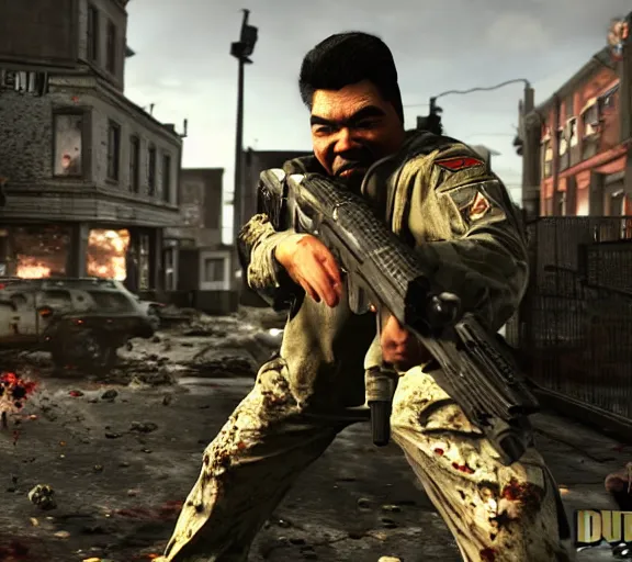 Prompt: george lopez shooting zombies in call of duty, zombies, ps 4