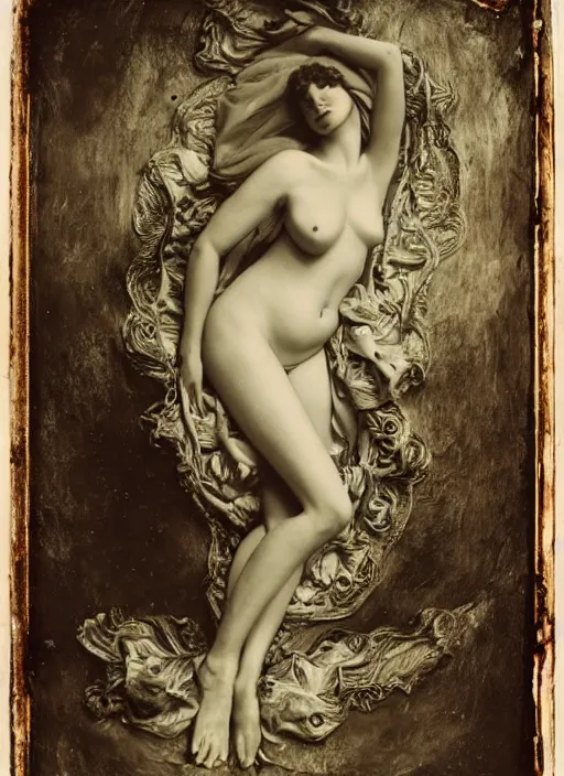 Image similar to old wetplate daguerreotype birth of venus in times of cholera, fractal, intricate, elegant, highly detailed, parallax, leica, medium format, subsurface scattering, by jheronimus bosch and greg rutkowski and louis jacques mande daguerre