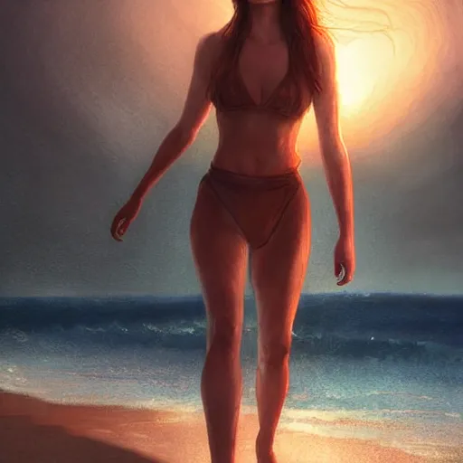 Image similar to A beautiful woman walking on the beach towards the viewer, high detail, 8K illustration, dynamic lighting, digital art, colorful, beautiful facial features, long hair, blue eyes sunny, art by Leesha Hannigan and Greg Rutkowski,