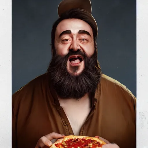 Image similar to pavarotti eating pizza, huggy wuggy from poppy playtime video game, fullbody, ultra high detailed, oil painting, greg rutkowski, charlie bowater, yuumei, yanjun cheng, unreal 5, daz, hyperrealistic, octane render, rpg portrait, dynamic lighting, fantasy art, beautiful face