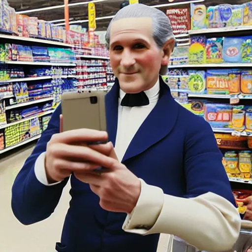 Image similar to professional color photo of George Washington taking a selfie in Walmart, 4k
