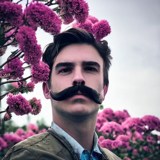 Image similar to photo portrait of a man with a moustache standing in front of flowers, tumblr contest winner, aestheticism, masculine, aesthetic