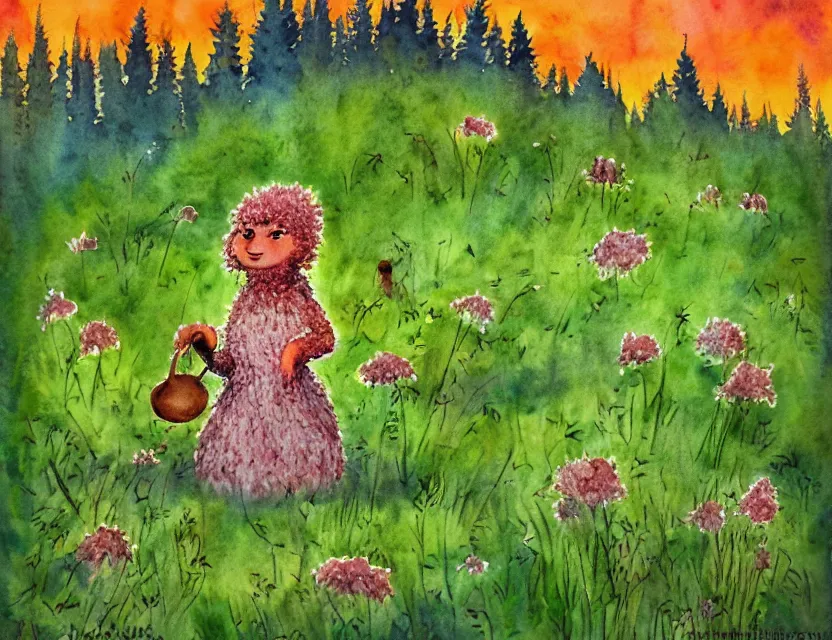 Prompt: feral chia pet in the meadow. russian fairytale art, watercolor, dynamic composition, backlighting