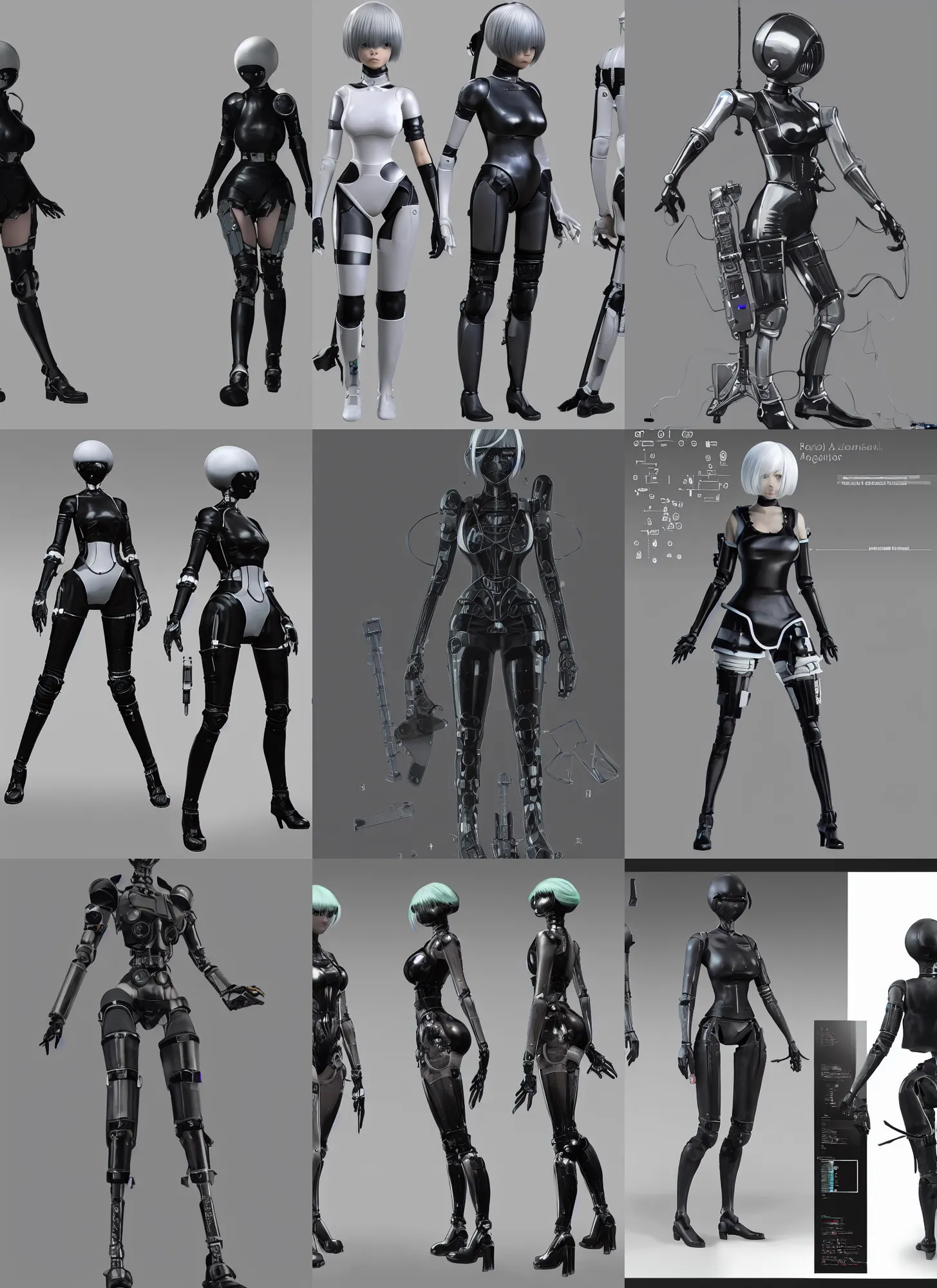Prompt: professional engineering CAD assembly diagram of a realistic android bodyguard modeled after 2B from Nier Automata with detailed ceramic tile armor plates and carbon frame, solidworks, catia, autodesk inventor, unreal engine, gynoid cad design inspired by Masamune Shirow and Boston Dynamics and Ross Tran and WLOP, product showcase, octane render 8k