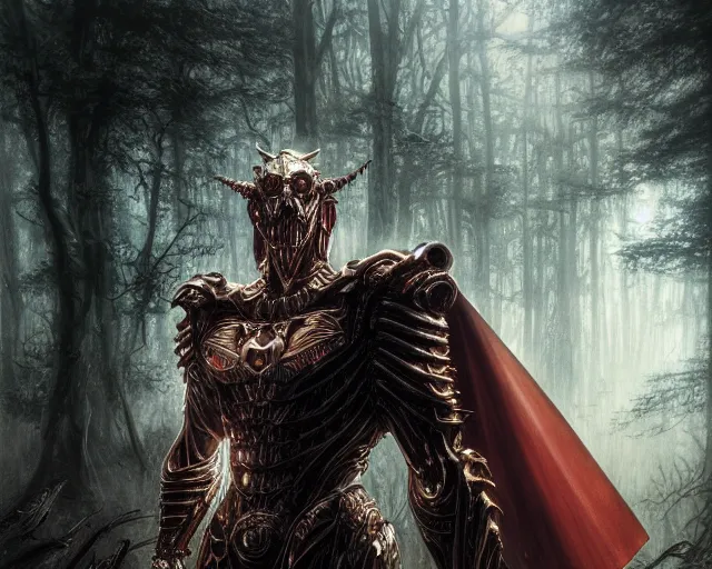 Image similar to 5 5 mm close up portrait photo of an armored biomechanical demonic superman looking at the camera, in a magical forest. dark atmosphere. art by greg rutkowski and luis royo. highly detailed 8 k. intricate. lifelike. soft light. nikon d 8 5 0.