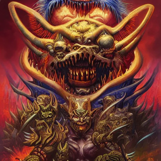 Prompt: demons warriors by boris vallejo and guillermo del toro, highly detailed, sharp, 8 k, deep colors, oil painting, sharp focus, warrior armor and weapons, pixel artwork, amazing artwork, depth, outer space landscape