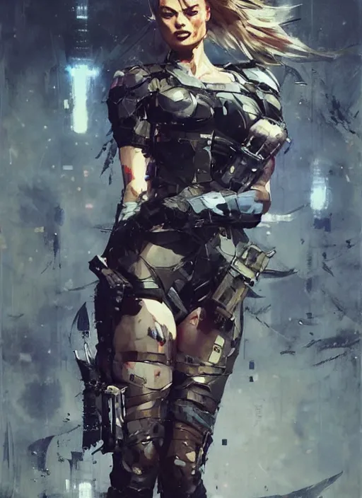 Image similar to Margot Robbie wearing metal gear armor holding ak-47 dramatic lighting art by Yoji Shinkawa by Richard Schmid by greg rutkowski by Sandra Chevrier by Jeremy Lipking cinematic dramatic