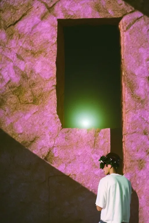 Image similar to kodak portra 4 0 0 photograph of a skinny guy looking into a otherworldly portal, flower crown, back view, vaporwave colors, grain, moody lighting, moody aesthetic,