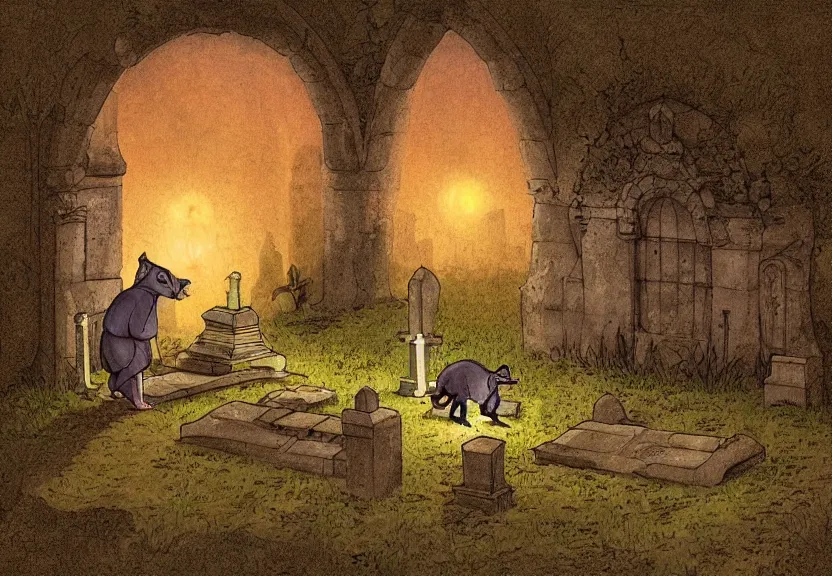 Image similar to a monk possum at a medieval cemetery at night, highly detailed, digital art, isometric