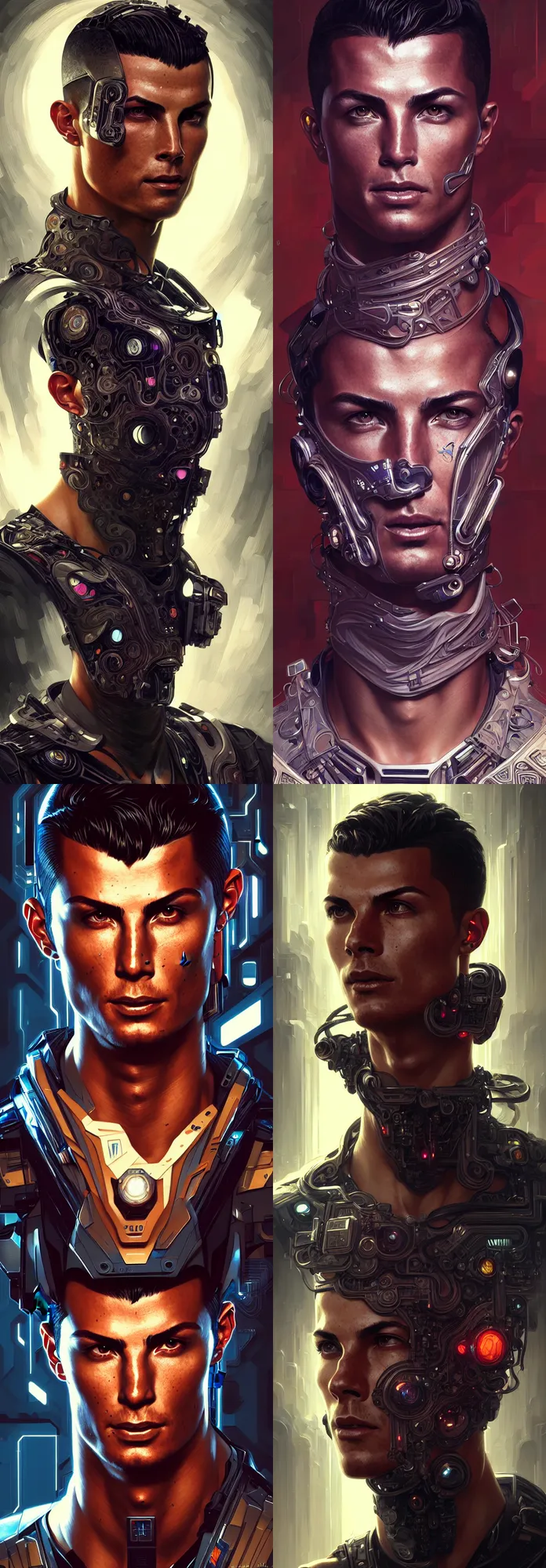 Prompt: Portrait of cyberpunk Cristiano Ronaldo, face, fantasy, intricate, elegant, highly detailed, digital painting, artstation, concept art, smooth, sharp focus, illustration, art by artgerm and greg rutkowski and alphonse mucha