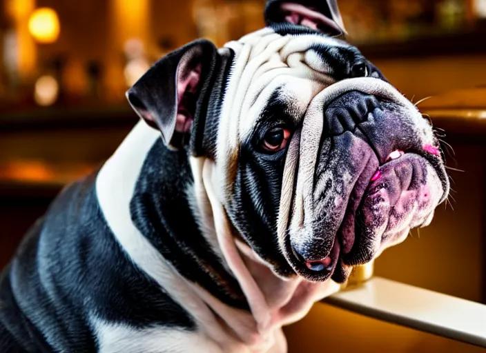 Image similar to a closeup, 4 5 mm, detailed photograph of a english bulldog drinking a beer on a bar - stool, sitting at a bar on a bar - stool, beautiful low light, 4 5 mm, by franz lanting