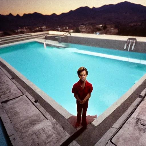 Image similar to young river phoenix standing on a diving board above a pool, red weapon 8 k s 3 5, cooke anamorphic / i lenses, highly detailed, cinematic lighting